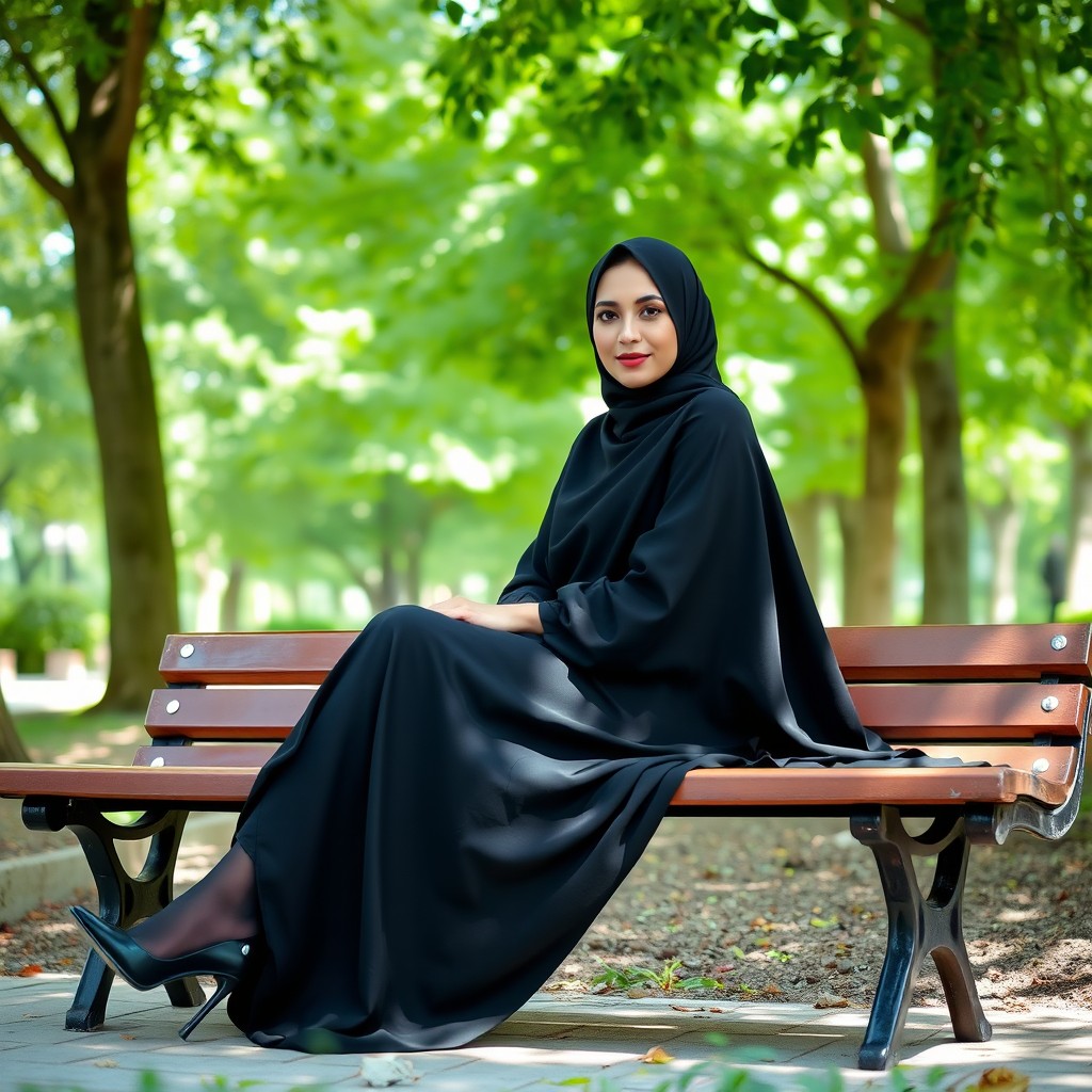 A woman sitting gracefully on a bench in a serene park, dressed in a full black chador that elegantly covers her entire body