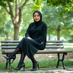 A woman sitting gracefully on a bench in a serene park, dressed in a full black chador that elegantly covers her entire body