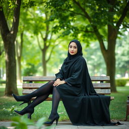 A woman sitting gracefully on a bench in a serene park, dressed in a full black chador that elegantly covers her entire body
