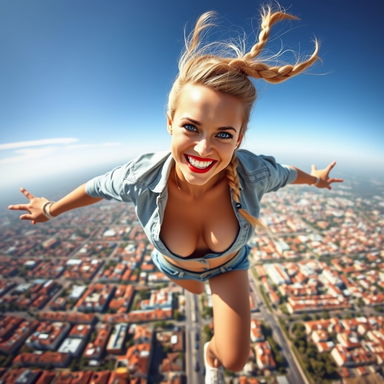 A sexy blonde woman with a braid, wearing an unbuttoned cropped shirt that reveals her cleavage and stylish denim shorts, has striking blue eyes and vibrant red lips
