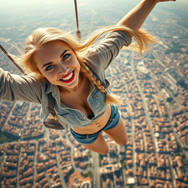 A sexy blonde woman with a braid, wearing an unbuttoned cropped shirt that reveals her cleavage and stylish denim shorts