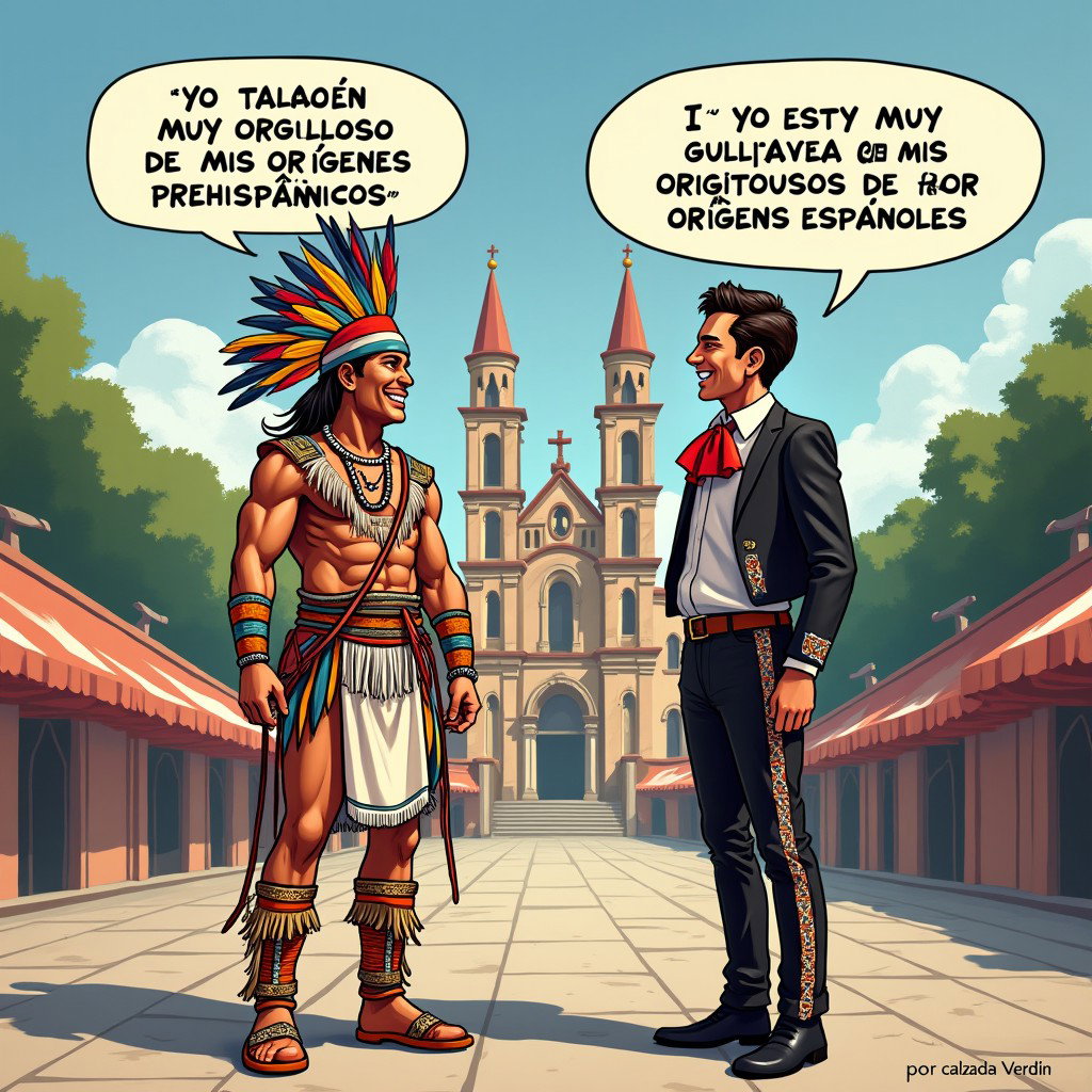 In a vibrant public plaza, a very fair-skinned Russian man is depicted as a Toltec Tlatoani, dressed in traditional tribal chief attire, complete with huaraches and colorful feathers