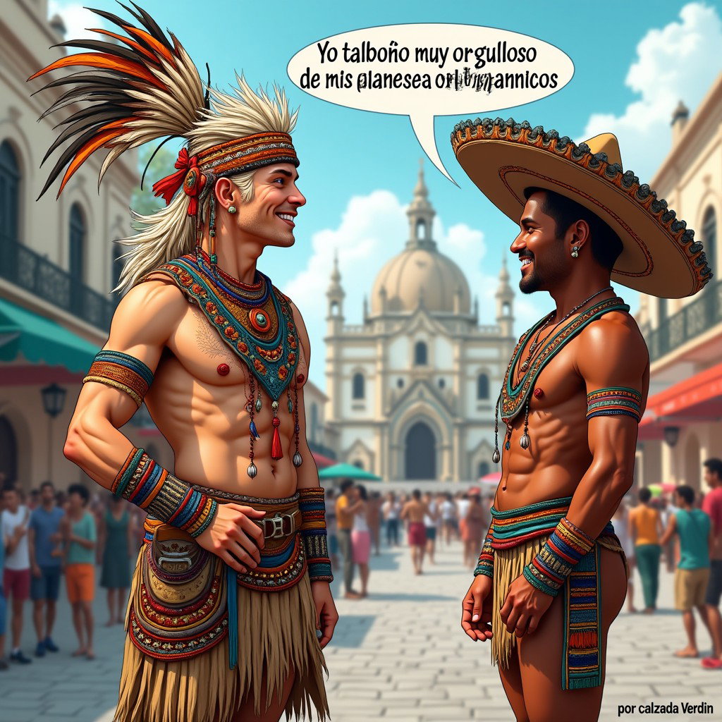 A colorful and engaging scene featuring a very fair-skinned Russian man representing a Toltec Tlatoani, adorned in the traditional garments of a Mesoamerican tribal chief, including huaraches and decorative feather headdresses