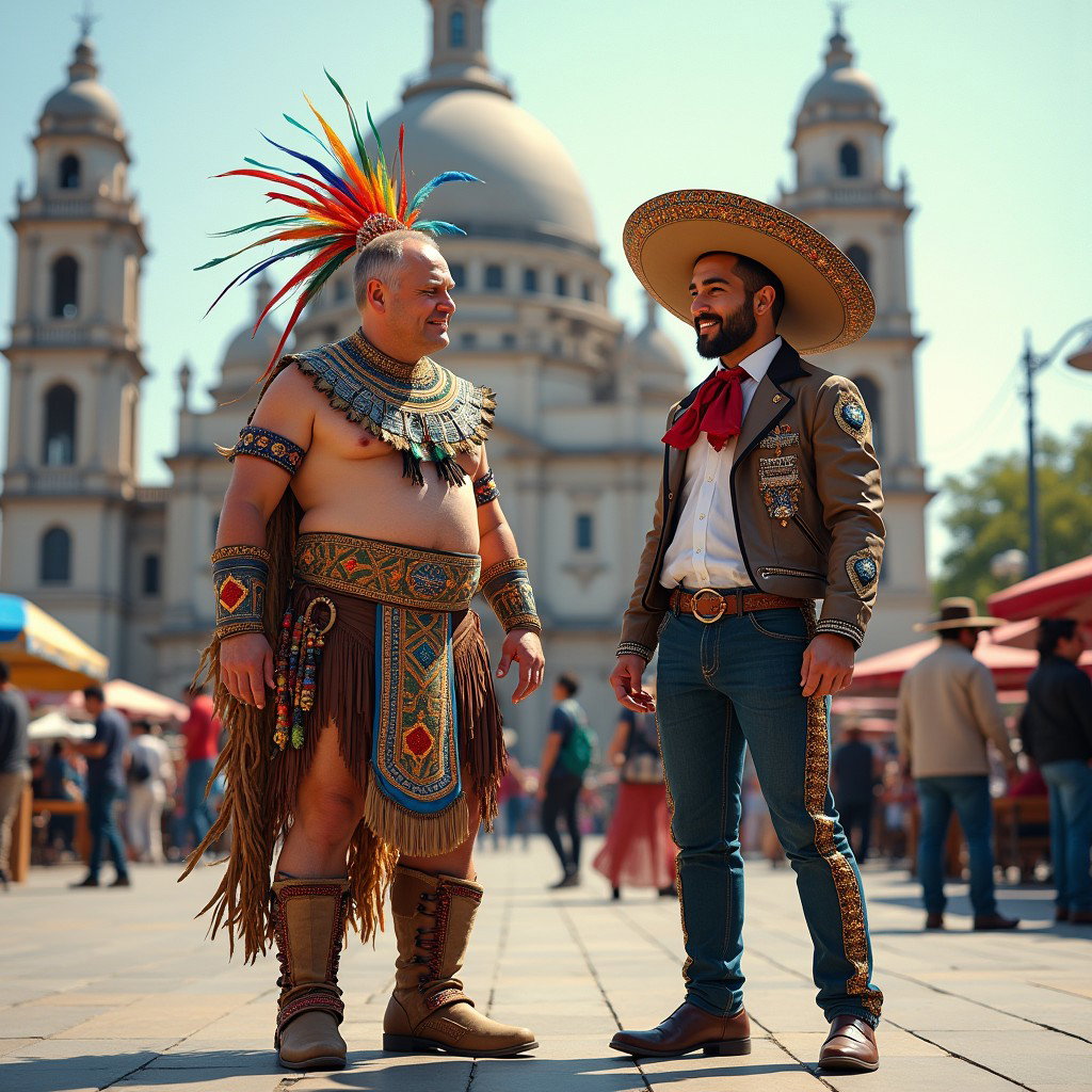 In a lively public plaza, a very fair-skinned Russian man proudly embodies a Toltec Tlatoani