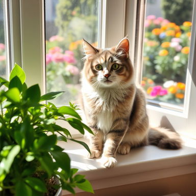 A charming and playful domestic cat sitting gracefully on a windowsill, surrounded by vibrant green houseplants