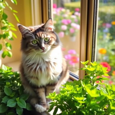 A charming and playful domestic cat sitting gracefully on a windowsill, surrounded by vibrant green houseplants