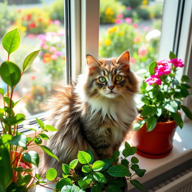 A charming and playful domestic cat sitting gracefully on a windowsill, surrounded by vibrant green houseplants