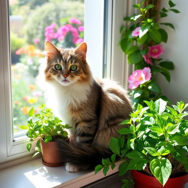 A charming and playful domestic cat sitting gracefully on a windowsill, surrounded by vibrant green houseplants