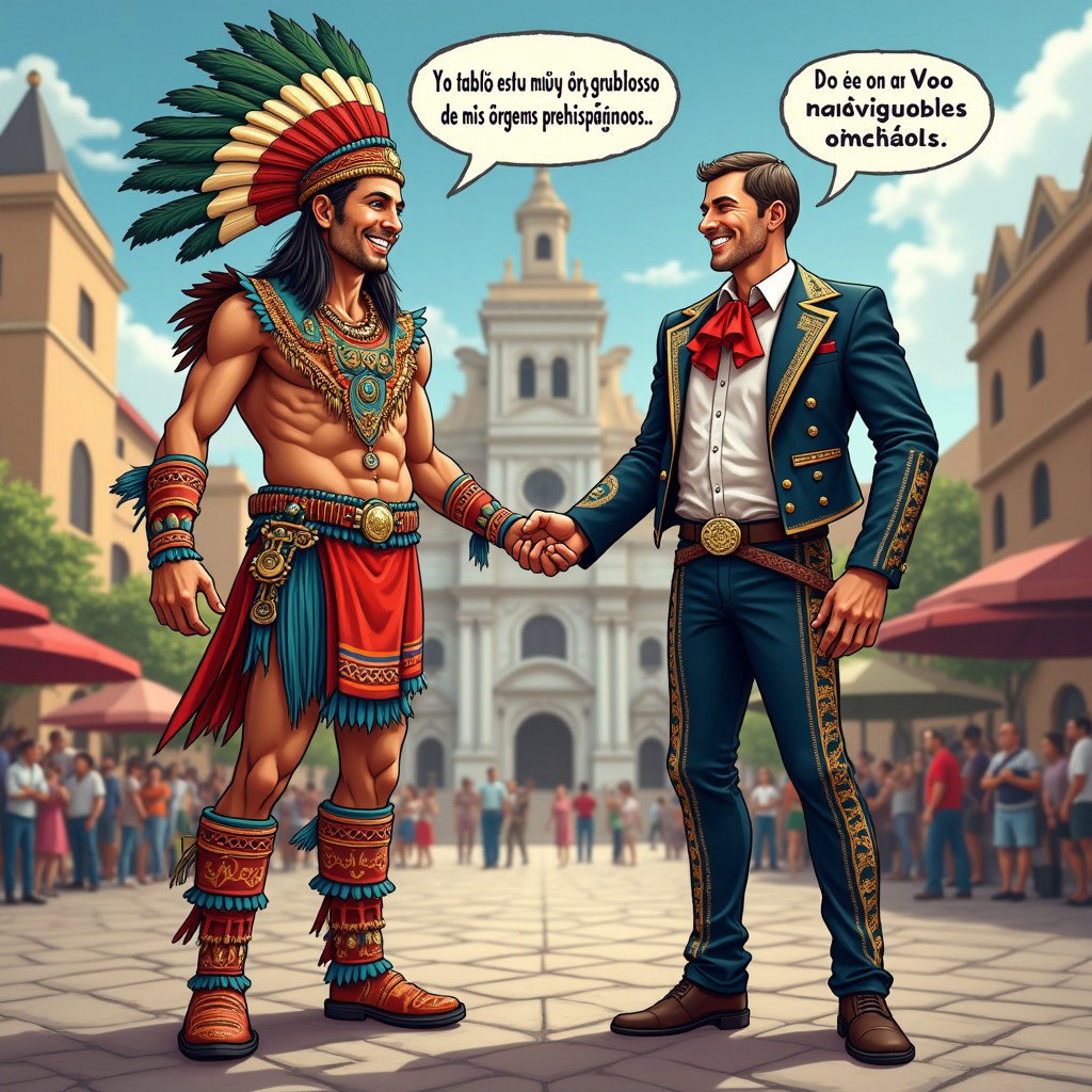 A lively and colorful scene featuring a very fair-skinned Russian man embodying a Toltec Tlatoani, dressed in traditional Mesoamerican tribal chief attire, complete with huaraches and vibrant plumage