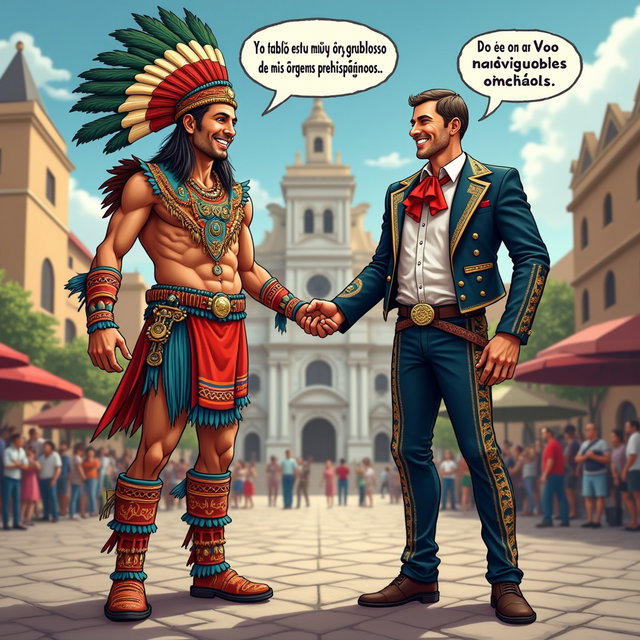 A lively and colorful scene featuring a very fair-skinned Russian man embodying a Toltec Tlatoani, dressed in traditional Mesoamerican tribal chief attire, complete with huaraches and vibrant plumage