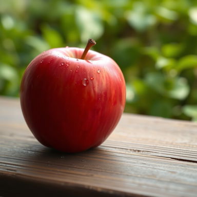 A single, vibrant red apple resting on a rustic wooden table, with soft natural lighting illuminating its shiny surface and accentuating the subtle texture of the skin