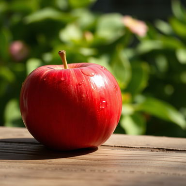 A single, vibrant red apple resting on a rustic wooden table, with soft natural lighting illuminating its shiny surface and accentuating the subtle texture of the skin