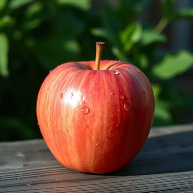 A single, vibrant red apple resting on a rustic wooden table, with soft natural lighting illuminating its shiny surface and accentuating the subtle texture of the skin