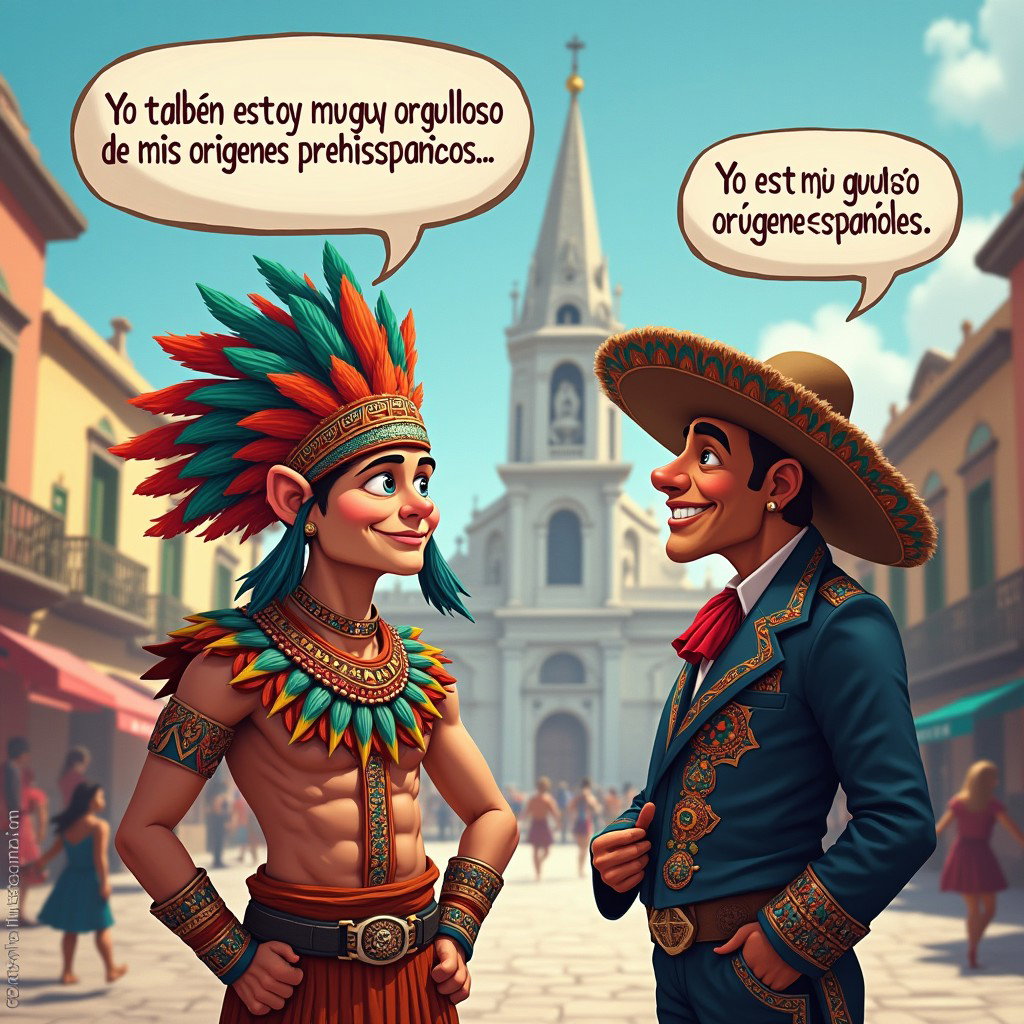 A colorful and lively scene depicting a very fair-skinned Russian man representing a Toltec Tlatoani, wearing traditional Mesoamerican tribal chief attire, huaraches, and vibrant plumage