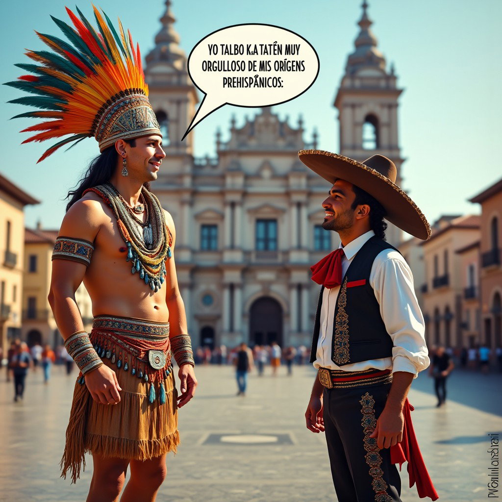 A lively scene showcasing a very fair-skinned Russian man portraying a Toltec Tlatoani, adorned in the traditional attire of a Mesoamerican tribal chief, which includes huaraches and vibrant plumage