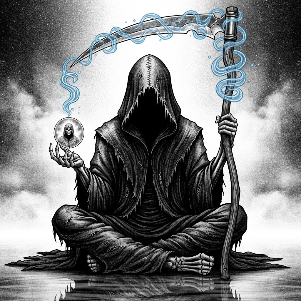 A surreal, highly detailed black-and-white illustration of the Grim Reaper sitting cross-legged, wearing a dark tattered hooded cloak with intricate fabric texture
