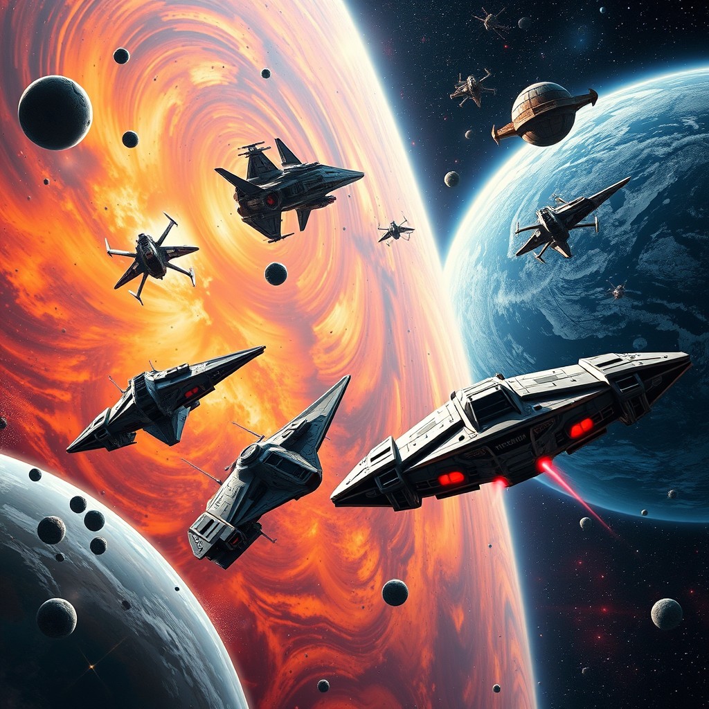 A breathtaking space landscape that evokes the iconic essence of Star Wars, featuring massive futuristic starships engaged in epic maneuvers among intricate space stations