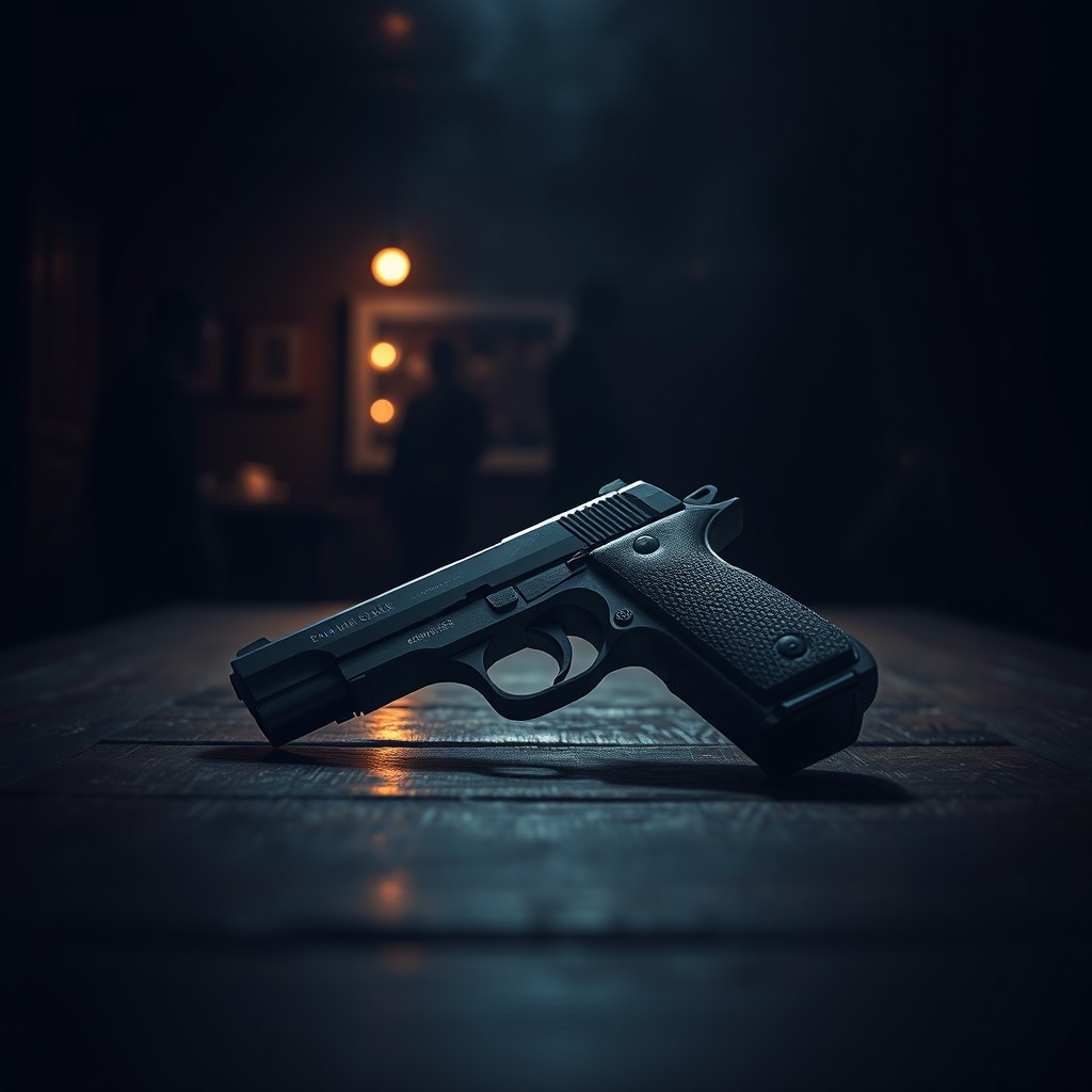 A handgun placed menacingly on a wooden table, surrounded by a dramatic and tense atmosphere