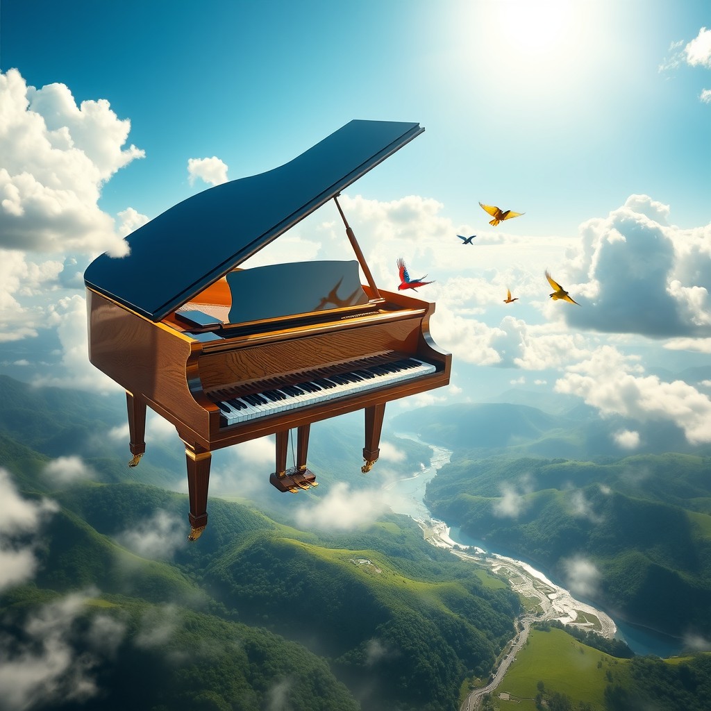 A whimsical scene featuring a grand piano soaring high above a picturesque landscape, surrounded by fluffy white clouds and blue skies