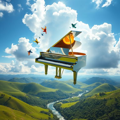 A whimsical scene featuring a grand piano soaring high above a picturesque landscape, surrounded by fluffy white clouds and blue skies