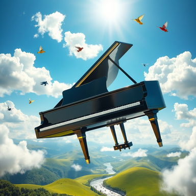 A whimsical scene featuring a grand piano soaring high above a picturesque landscape, surrounded by fluffy white clouds and blue skies