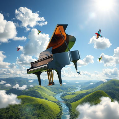 A whimsical scene featuring a grand piano soaring high above a picturesque landscape, surrounded by fluffy white clouds and blue skies