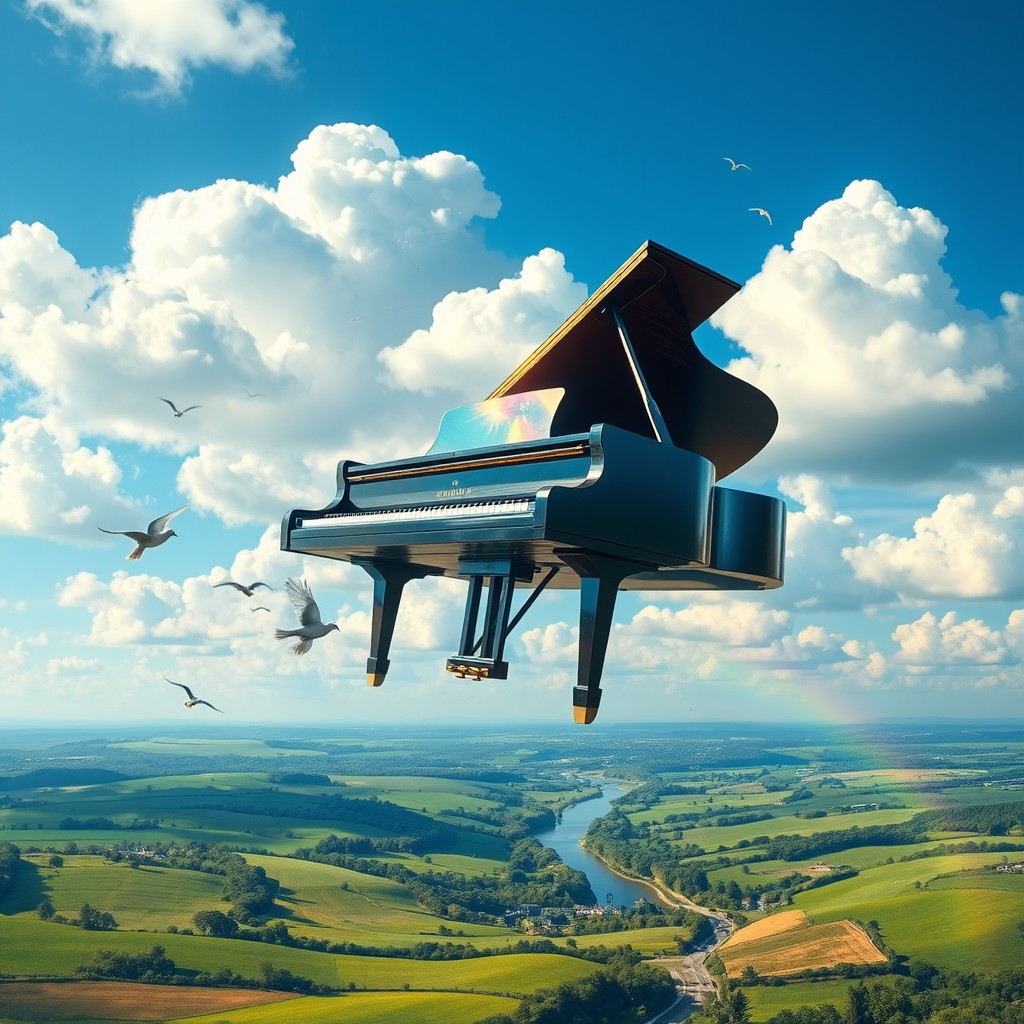 A whimsical and surreal scene of a grand piano soaring through a vivid blue sky, surrounded by fluffy white clouds