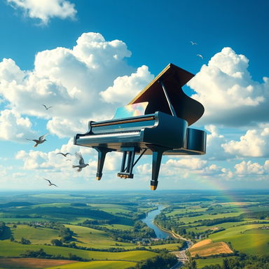 A whimsical and surreal scene of a grand piano soaring through a vivid blue sky, surrounded by fluffy white clouds