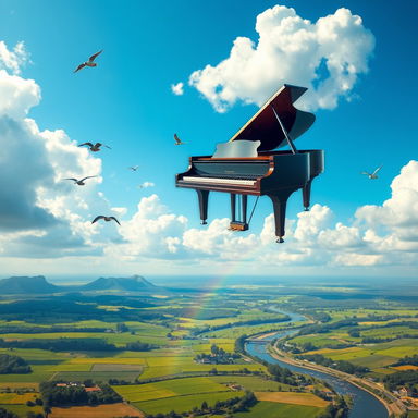 A whimsical and surreal scene of a grand piano soaring through a vivid blue sky, surrounded by fluffy white clouds