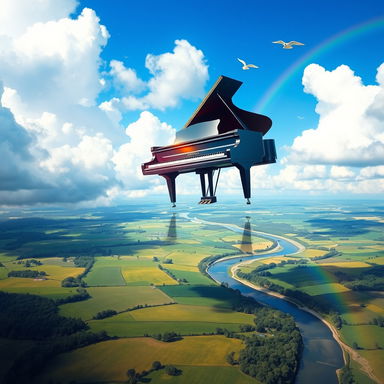 A whimsical and surreal scene of a grand piano soaring through a vivid blue sky, surrounded by fluffy white clouds