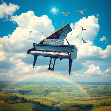 A whimsical and surreal scene of a grand piano soaring through a vivid blue sky, surrounded by fluffy white clouds