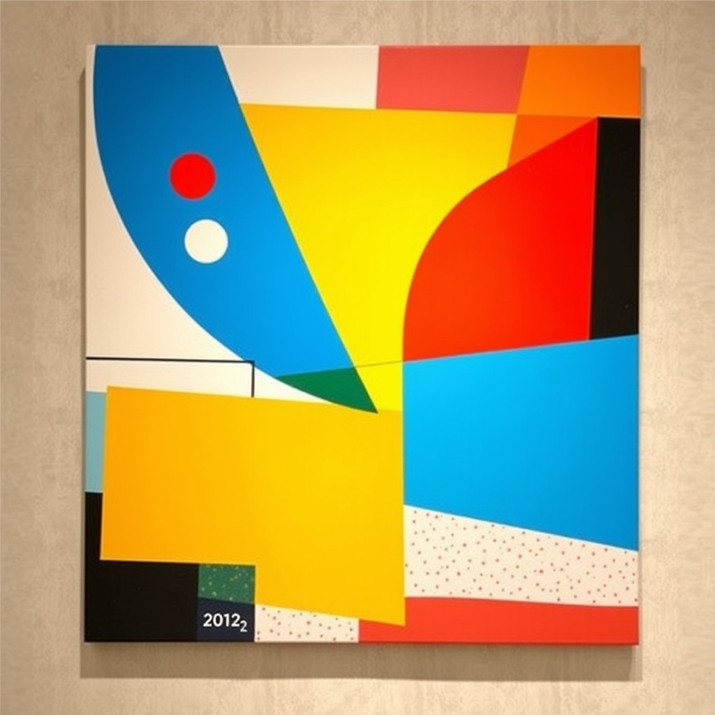 A vibrant and abstract composition of colorful modern art, featuring bold geometric shapes in a dynamic arrangement, using a palette of bright hues such as electric blue, fiery red, sunny yellow, and lush green