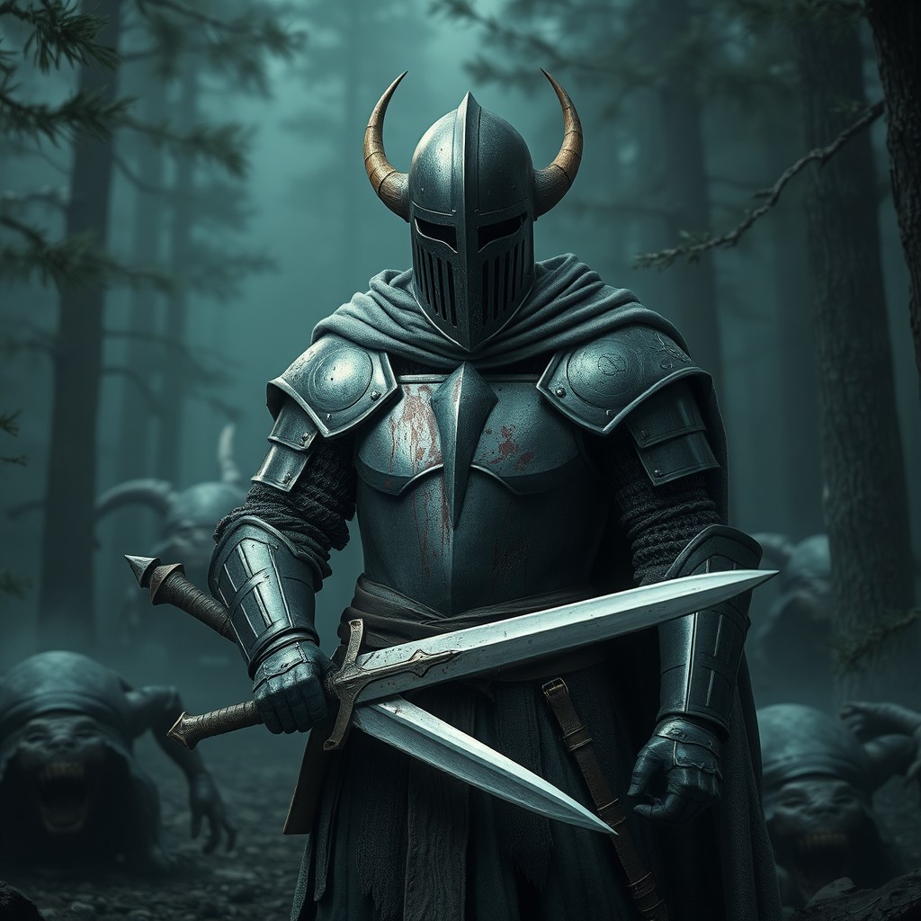 A full-body armored knight standing in a dark forest