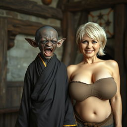 In a medieval room, a petite and emaciated 25-year-old Black gnome woman is depicted in a fit of wild desperation