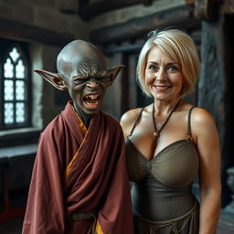 In a medieval room, a petite and emaciated 25-year-old Black gnome woman is depicted in a fit of wild desperation