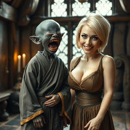 In a medieval room, a petite and emaciated 25-year-old Black gnome woman is depicted in a fit of wild desperation