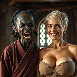 Inside a medieval room, featuring an African black dwarf woman who is very undernourished at 25 years old, with very dark skin