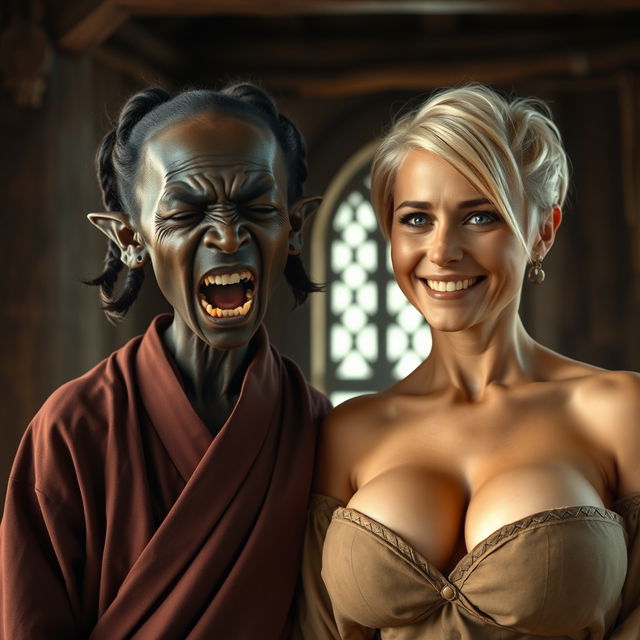 Inside a medieval room, featuring an African black dwarf woman who is very undernourished at 25 years old, with very dark skin