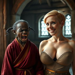 Inside a medieval room, depicting an African black dwarf woman who is very undernourished at 28 years old, with very dark skin