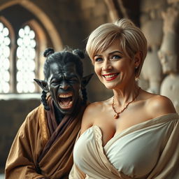 Inside a medieval room, depicting an African black dwarf woman who is very undernourished at 28 years old, with very dark skin