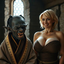 Inside a medieval room, depicting an African black dwarf woman who is very undernourished at 28 years old, with very dark skin