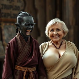 In a medieval room, a distressed and irate black African dwarf woman, standing at a very short height and appearing malnourished at 28 years old, has dark black skin