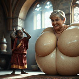 In a medieval room, a distressed and irate black African dwarf woman, standing at a very short height and appearing malnourished at 28 years old, has deep black skin