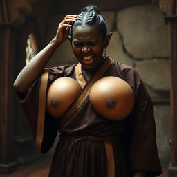 In a medieval room, a distressed and irate black African dwarf woman, standing at a very short height and appearing malnourished at 28 years old, has deep black skin