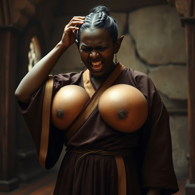 In a medieval room, a distressed and irate black African dwarf woman, standing at a very short height and appearing malnourished at 28 years old, has deep black skin