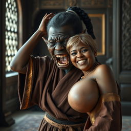 In a medieval room, a petite African black dwarven woman aged 28, with very dark skin and a malnourished appearance, is dressed in a long, closed noble Buddhist robe adorned with golden edges