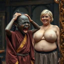 In a medieval room, a petite African black dwarven woman aged 28, with very dark skin and a malnourished appearance, is dressed in a long, closed noble Buddhist robe adorned with golden edges