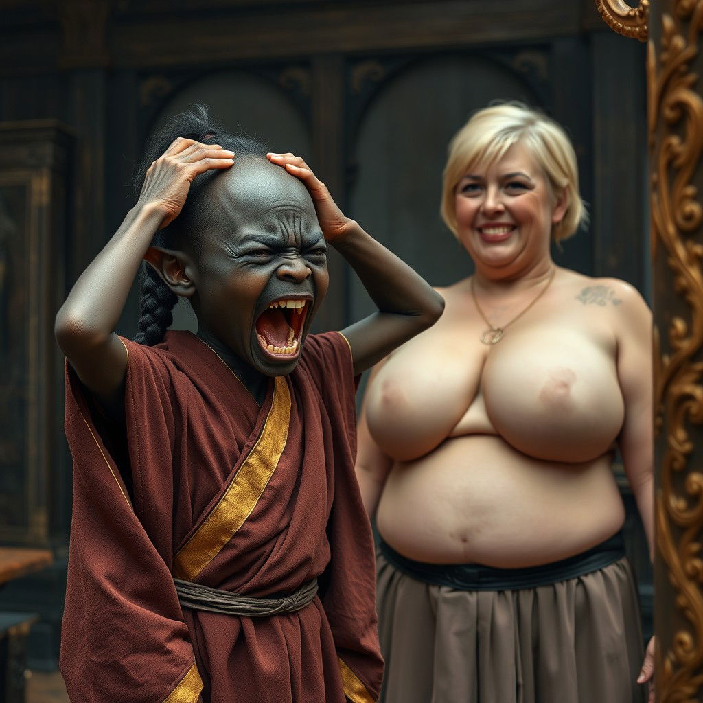 In a medieval room, a petite African black dwarven woman aged 28, with very dark skin and a malnourished appearance, is dressed in a long, closed noble Buddhist robe adorned with golden edges