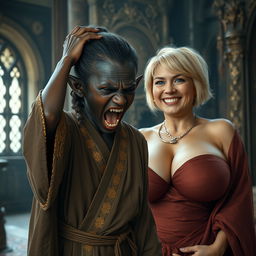 In a medieval room, a petite African black dwarven woman aged 28, with very dark skin and a malnourished appearance, is dressed in a long, closed noble Buddhist robe adorned with golden edges