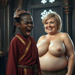 In a medieval room, a petite African black dwarven woman aged 28, with very dark skin and a malnourished appearance, is dressed in a long, closed noble Buddhist robe adorned with golden edges